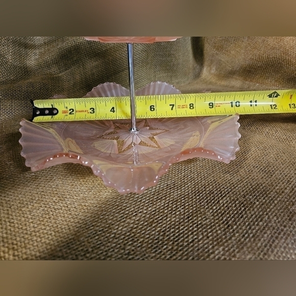 Vintage 2-tiered frosted pink glass cake plate Bagley Glass England - Picture 2 of 6